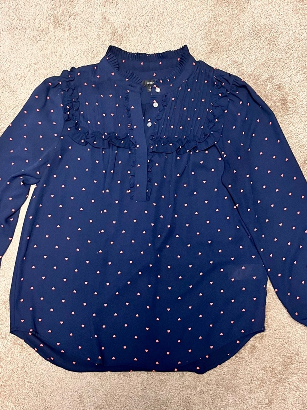 J. Crew Navy Blouse with Pink Heart Print and Ruffle Yoke